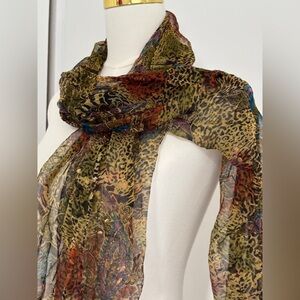 Scarf, 60 inches long. Drapey, flowing, jewel tones, metallic accents. SKU 3